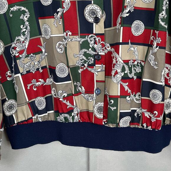 Women's Vintage Judy Bond Silky Navy & Green Faux Button Front Banded Blouse 18 - Picture 4 of 6